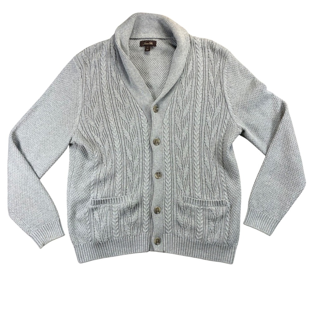 Tasso Elba Mens Gray Cotton Shawl Collar Cable Knit Button Cardigan Sweater L